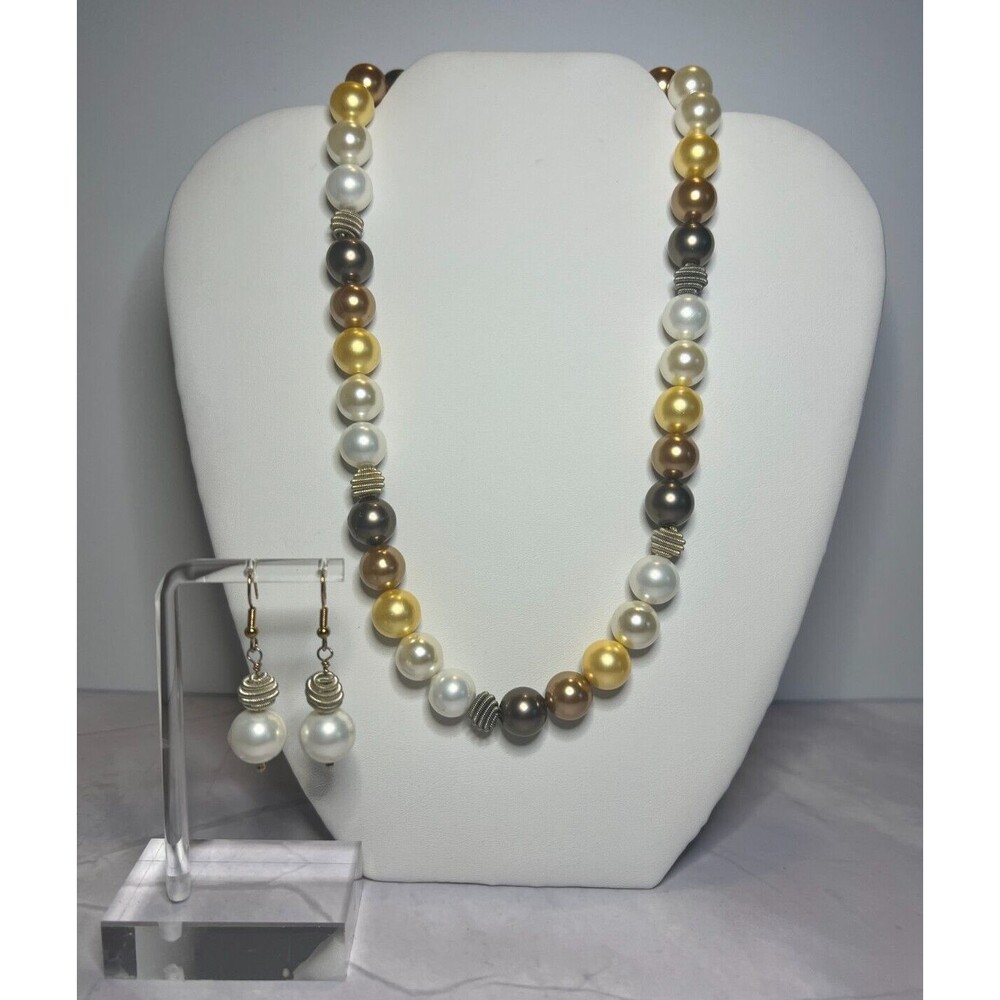 Gold/Bronze/Cream South Pacific Shell Pearls Necklace & Earring Set, (0105)